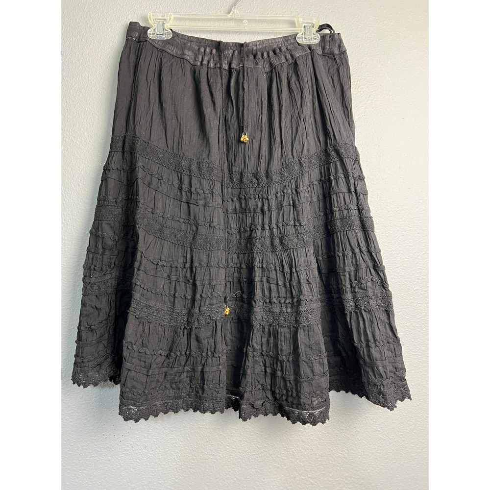 Uniti Casuals Black Cotton Tiered Lace Trim Boho‎ Midi Skirt Free Size 28" Waist